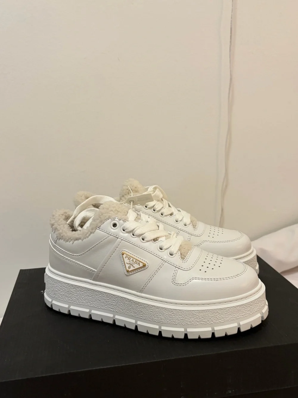 PRADA Downtown Shearling-Lined Leather Platform Sneakers